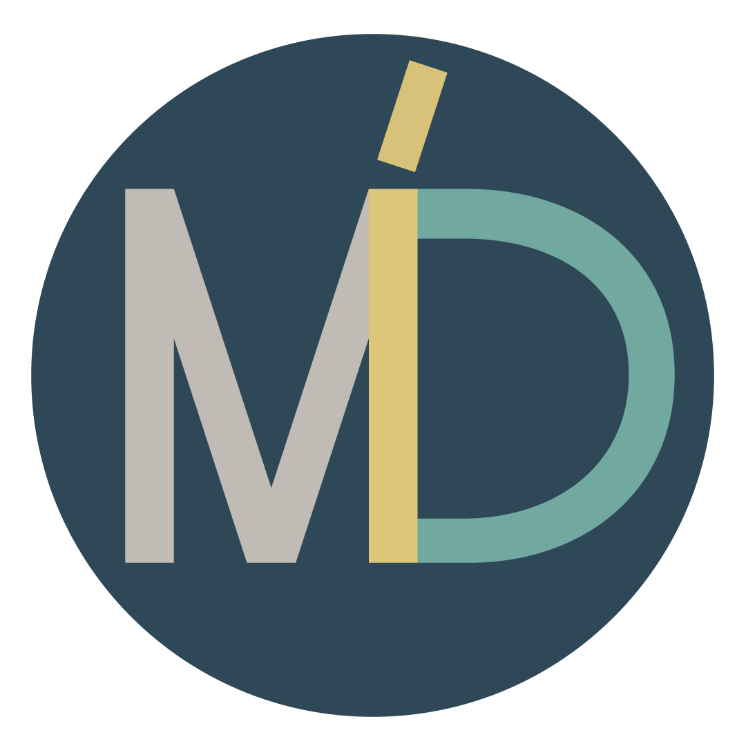 mdiDesign logo comprised of a teal circle with an abstract MDI monogram